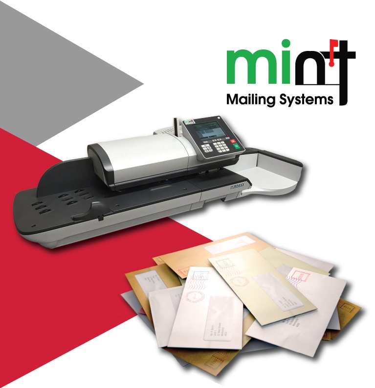 Mint Mailing System, with Formax mail stuffer and sealer and some finished mail pieces.